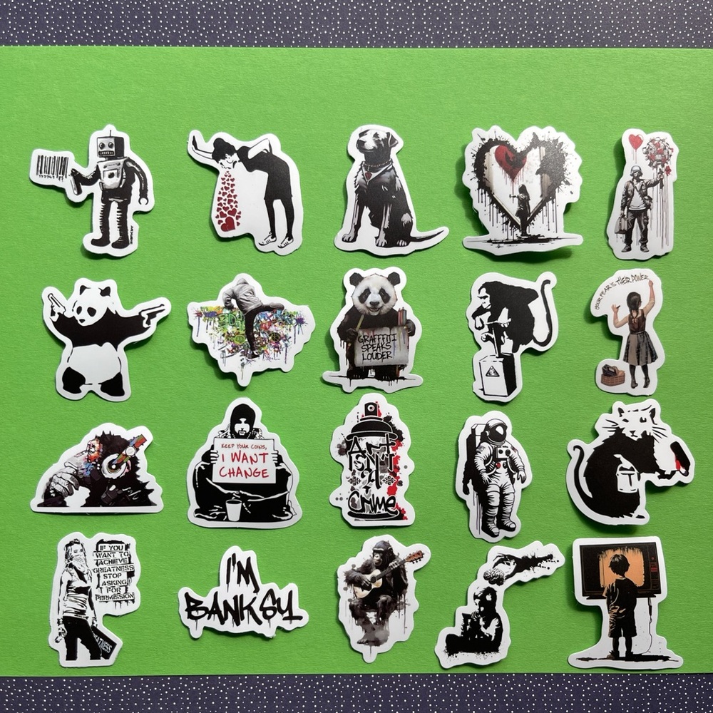 Banksy-Inspired Sticker Sheet - Black & White with Accent Colors